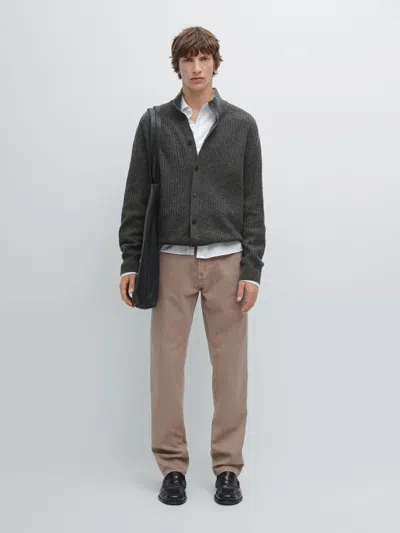 Massimo Dutti Knit Wool Blend Cardigan With High Neck In Gray