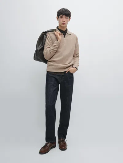 Massimo Dutti Knit Wool Blend Polo Sweater With Zip In Brown