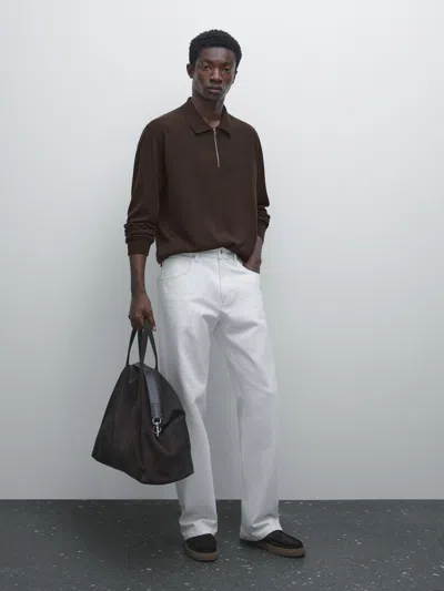 Massimo Dutti Knit Wool Blend Polo Sweater With Zip In Brown