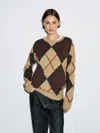Massimo Dutti Knit Wool Blend Sweater With Argyle Detail In Brown