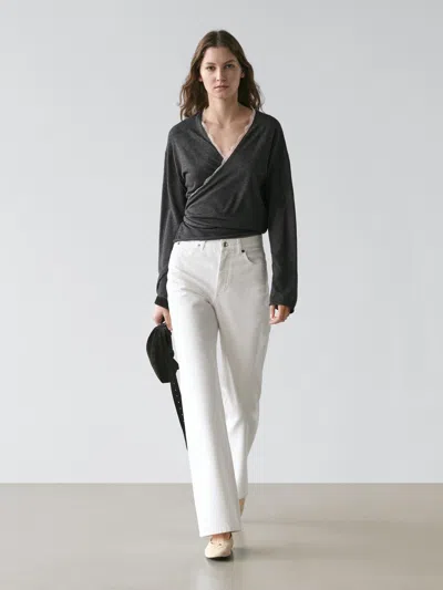 Massimo Dutti Knit Wrap Cardigan With Lace Detail In Gray