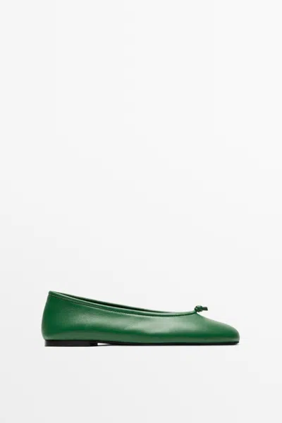 Massimo Dutti Knotted Leather Ballerina In Green