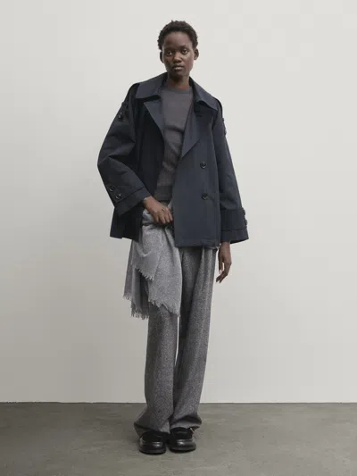 Massimo Dutti Cropped Trench Coat With Cuff Detail In Marineblau