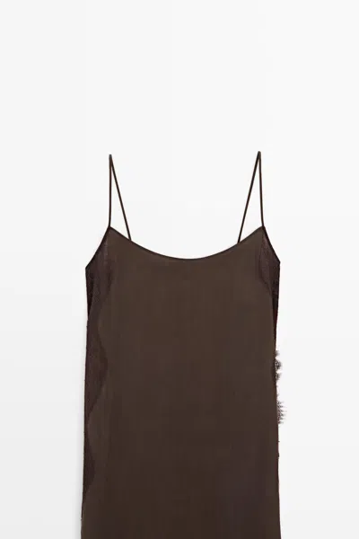 Massimo Dutti Lace Detail Slip Dress Total Look In Brown