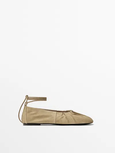 Massimo Dutti Lace-up Ballet Flats With Gathering In Sand Brown