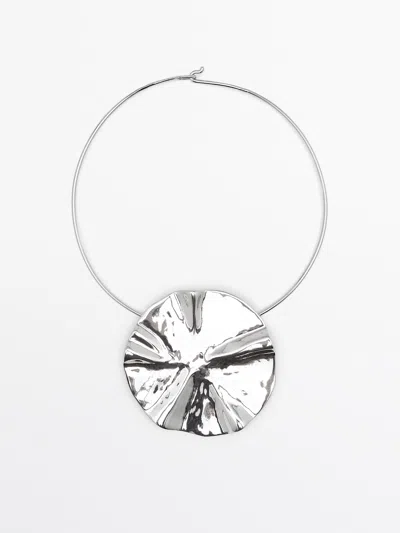 Massimo Dutti Rigid Necklace With Textured Piece Detail In Silver