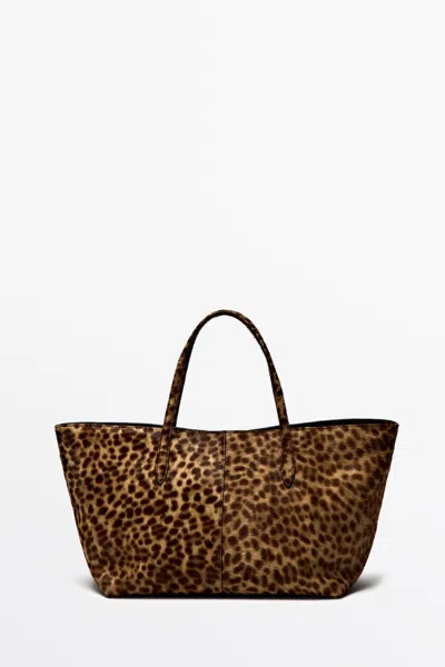 Massimo Dutti Bolso Tote Grande De Piel Con Pelo In Crudo
