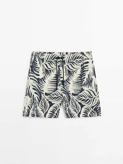 Massimo Dutti Leaf Print Swimming Trunks In Navy Blue