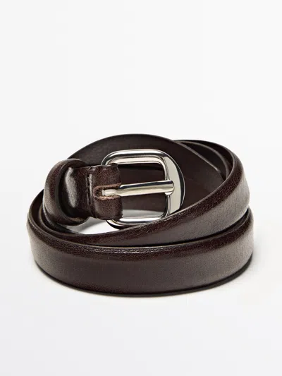 Massimo Dutti Leather Belt With Arched Buckle In Brown