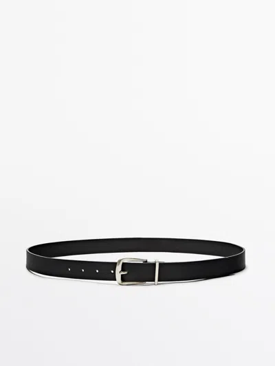 Massimo Dutti Leather Belt With Metal Loop In Black