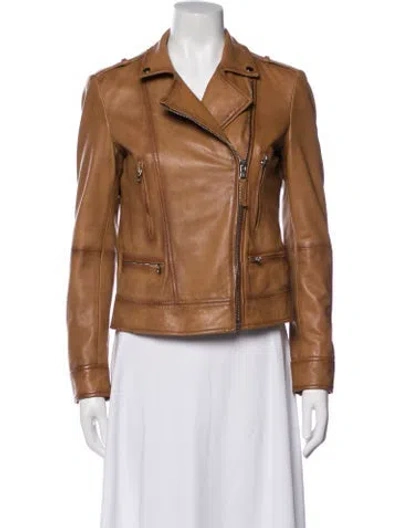 Pre-owned Massimo Dutti Leather Biker Jacket In Brown