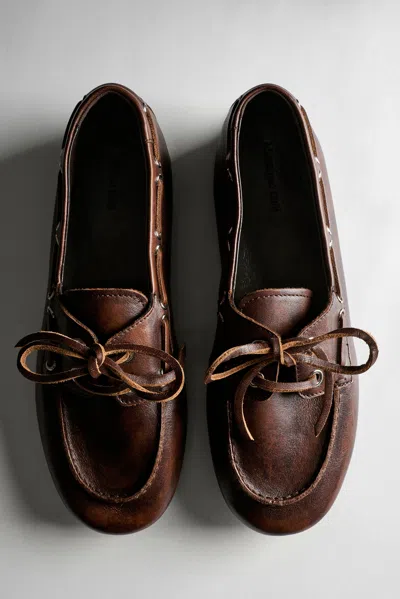 Massimo Dutti Leather Boat Shoe With Laces In Brown