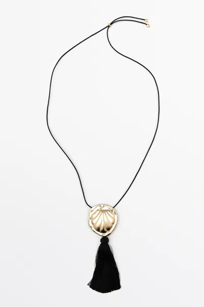 Massimo Dutti Leather Cord Shell Necklace With Tassel In Golden