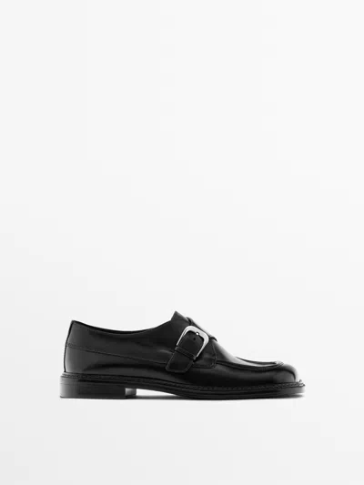 Massimo Dutti Leather Derby Shoes With Buckle In Black