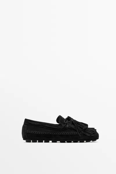 Massimo Dutti Leather Fringed Tassel Loafers In Black