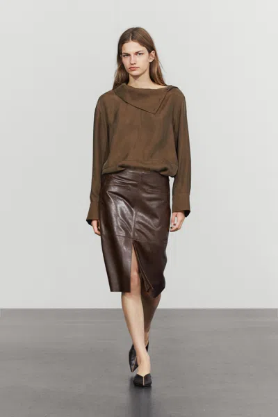 Massimo Dutti Jupe Midi À Poches En Cuir In Purple