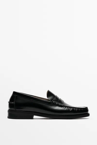 Massimo Dutti Leather Penny Loafer In Black