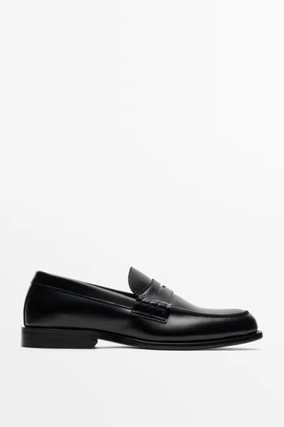 Massimo Dutti Leather Penny Loafer In Black