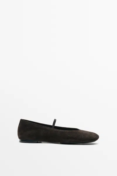 Massimo Dutti Leather Square Toe Ballerina Flats In Marrone