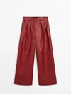 Massimo Dutti Leather Trousers With Double Dart Detail In Dark Pink