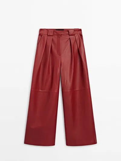 Massimo Dutti Leather Trousers With Double Dart Detail In Dark Pink