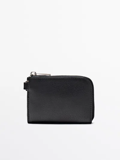 Massimo Dutti Leather Wallet With Strap In Black