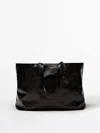 Massimo Dutti Leather Tote Bag With A Crackled Finish In Black