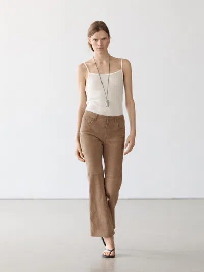 Massimo Dutti Leggings Flare En Cuir Finition Daim In Brown