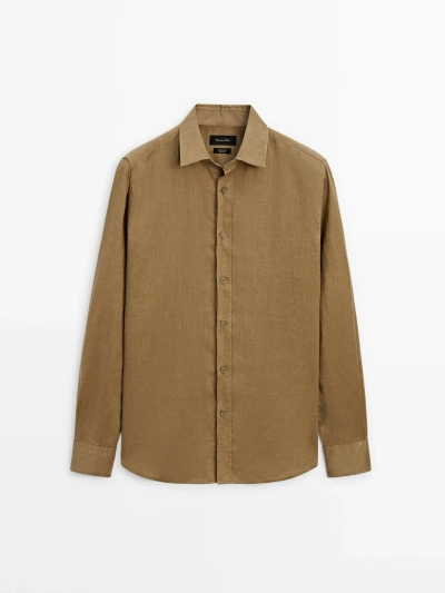 Massimo Dutti Dyed Thread Regular Fit Linen Shirt In Olive