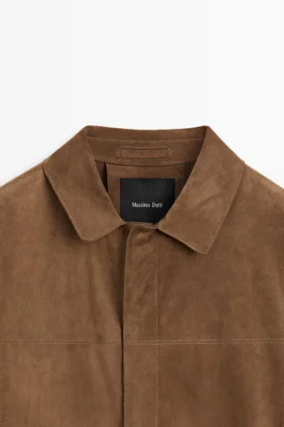 Massimo Dutti Lightweight Suede Leather Overshirt In Brown