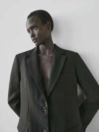 Massimo Dutti Linen Blazer With Lapel Detail In Black