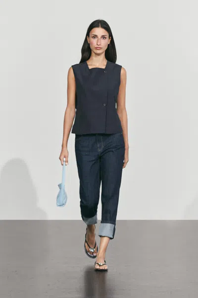 Massimo Dutti Linen Blend Asymmetric Button Vest In Navy Blue