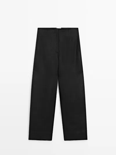 Massimo Dutti Linen Blend Barrel Fit Trousers In Black