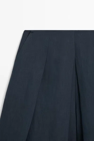 Massimo Dutti Linen Blend Bermuda Shorts With Pleats In Blue