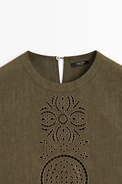 Massimo Dutti Linen Blend Blouse With Embroidered Details In Green