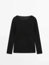 Massimo Dutti Linen Blend Boat Neck Knit Sweater In Black
