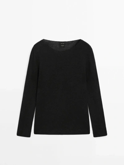 Massimo Dutti Linen Blend Boat Neck Knit Sweater In Black