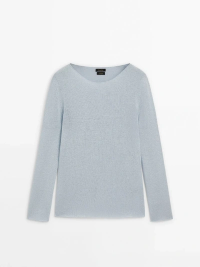 Massimo Dutti Linen Blend Boat Neck Knit Sweater In Sky Blue