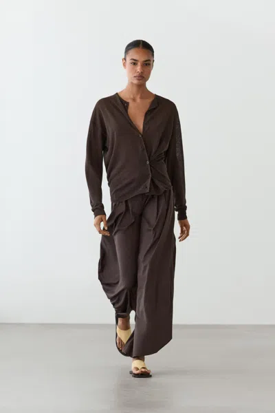 Massimo Dutti Linen Blend Cardigan With Button Detail In Brown
