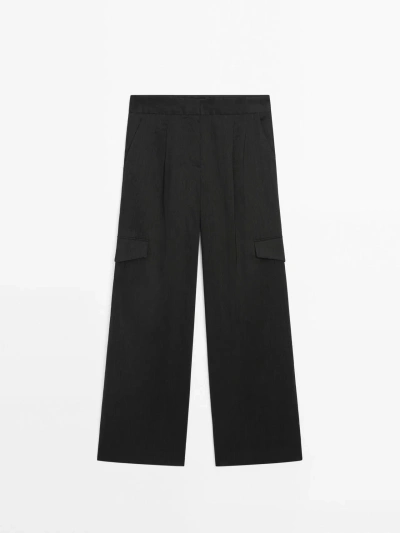 Massimo Dutti Linen Blend Cargo Trousers In Black