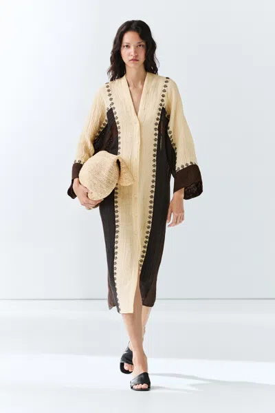 Massimo Dutti Linen Blend Embroidered Kaftan Dress In Brown