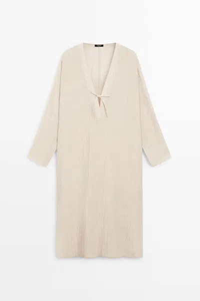 Massimo Dutti Linen Blend Kaftan Dress With Tie Neckline In White