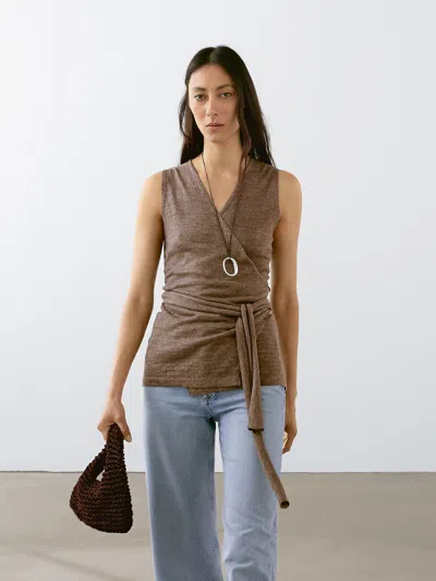Massimo Dutti Linen Blend Knit Crossover Top In Brown