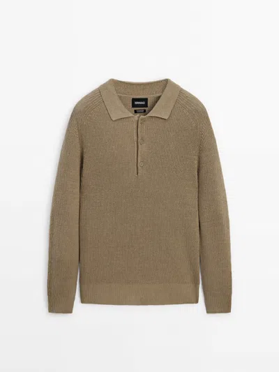 Massimo Dutti Linen Blend Knit Polo Sweater Limited Edition In Stone