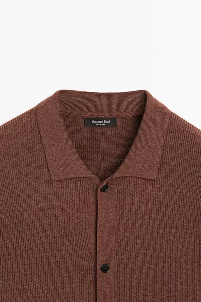 Massimo Dutti Linen Blend Melange Knit Polo With Button Detail In Brown