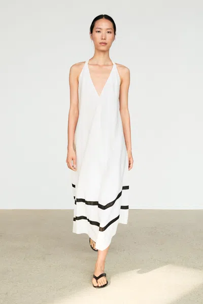 Massimo Dutti Linen Blend Midi Dress With Contrast Stripe Detail In White