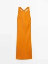Massimo Dutti Linen Blend Midi Dress With Twisted Back Detail In Orange