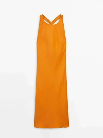 Massimo Dutti Linen Blend Midi Dress With Twisted Back Detail In Orange