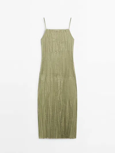 Massimo Dutti Linen Blend Pleated Strappy Dress In Apple Green