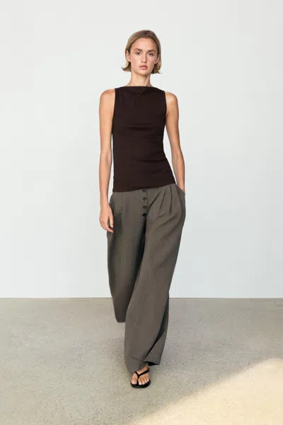 Massimo Dutti Linen Blend Pleated Trousers In Mole Brown